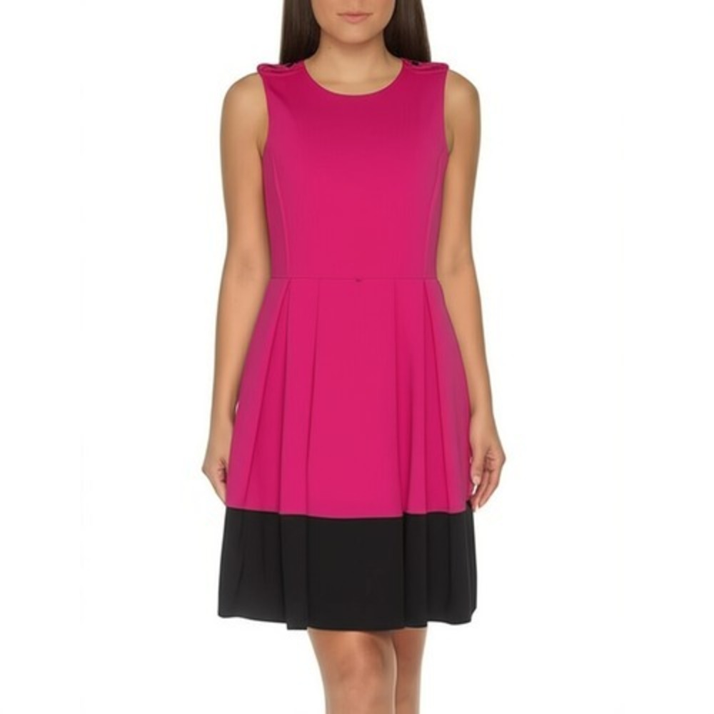 Calvin Klein Cocktail Dress Fuchsia Black Color Block Pleated Modern Women 6
